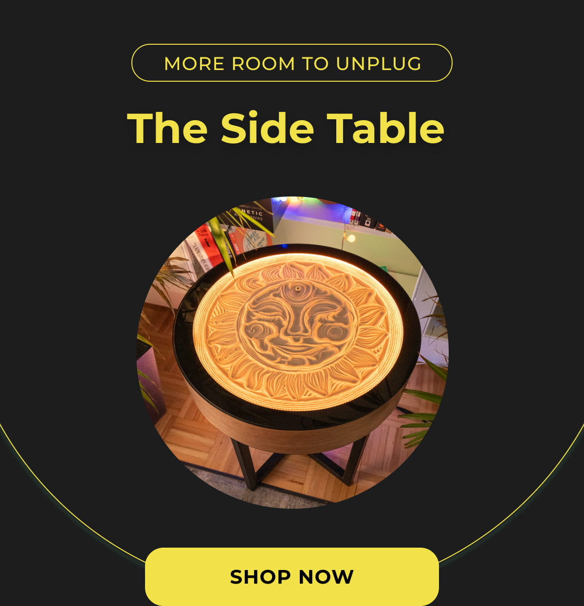 Illuminated Oasis Side Table displaying a sun design.