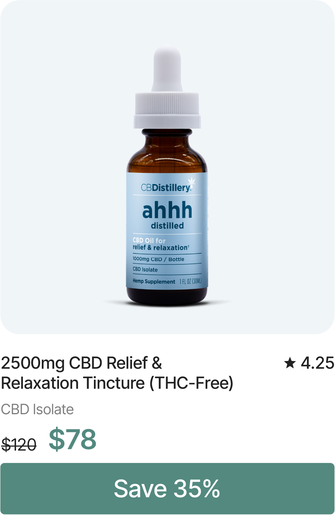 2500mg CBD Relief & Relaxation Tincture (THC-Free), originally $120, now $78. Save 35%