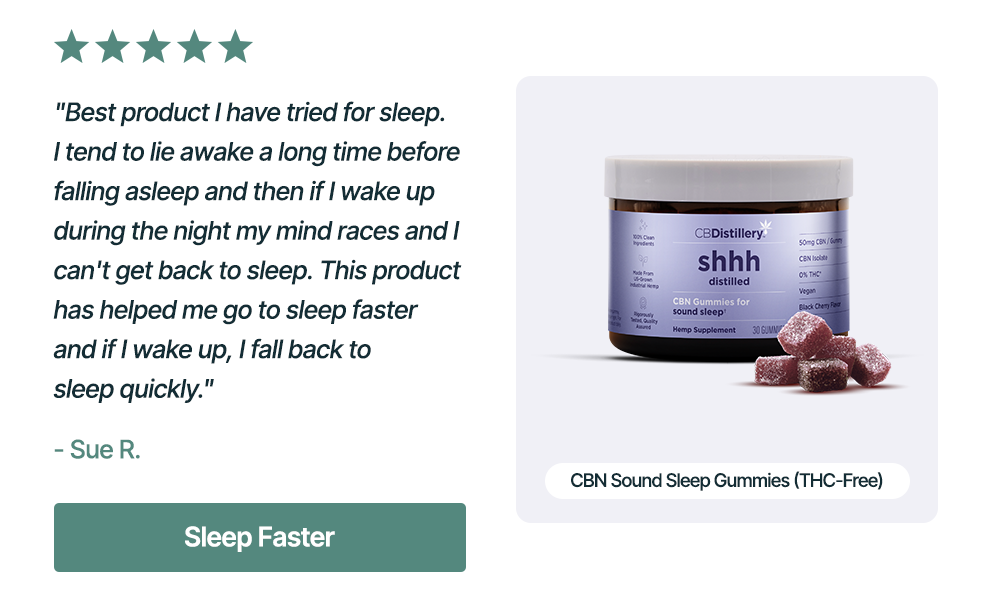 CBN Sound Sleep Gummies (THC-Free): Best product I have tried for sleep. I tend to lie awake a long time before falling asleep and then if I wake up during the night my mind races and I can't get back to sleep. This product has helped me go to sleep faster and if I wake up, I fall back to sleep quickly." - Sue R. Sleep Faster