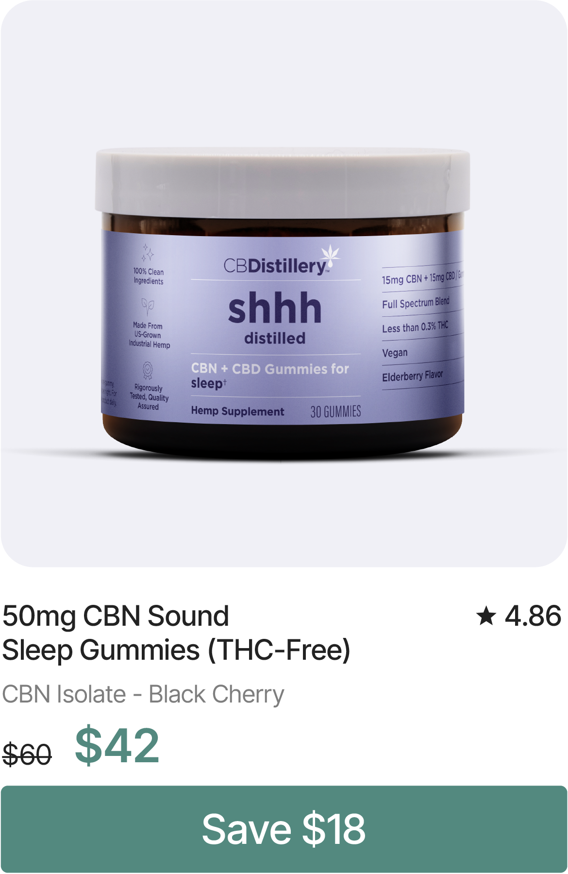 50mg CBN Sound Sleep Gummies (THC-Free), originally $60, now $42. Save $18