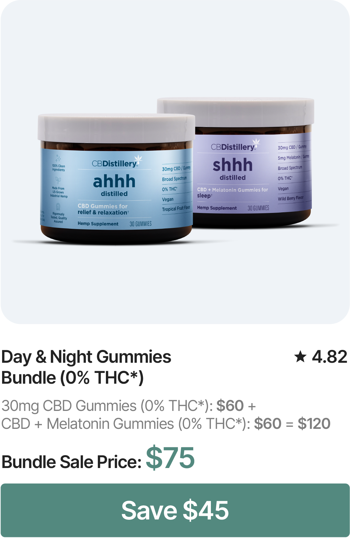 Day & Night Gummies Bundle (0% THC*): CBD Gummies (0% THC*), $60 & CBD + Melatonin Gummies, $60 = $120. Bundle Sale Price: $75. Save $45