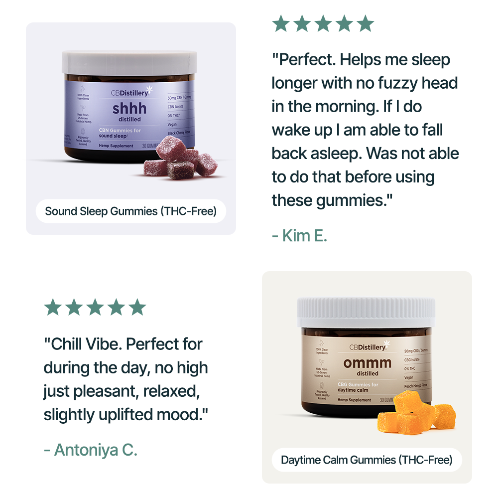 50mg CBN Sound Sleep Gummies (THC-Free): "Perfect. Helps me sleep longer with no fuzzy head in the morning. If I do wake up I am able to fall back asleep. Was not able to do that before using these gummies." - Kim E. ~ 50mg CBG Daytime Calm Gummies (THC-Free): "Chill Vibe. Perfect for during the day, no high just pleasant, relaxed, slightly uplifted mood." - Antoniya C.