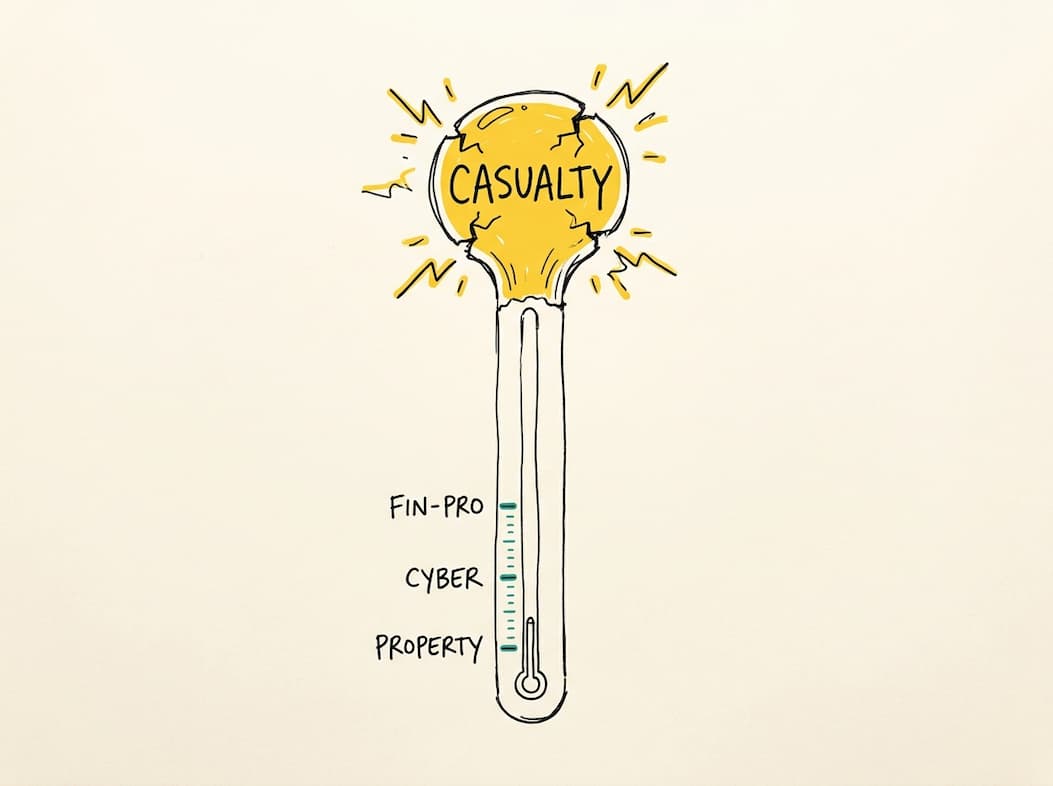 A thermometer: casualty boils sunbeam-yellow at the top while property, cyber and financial lines stay low in teal