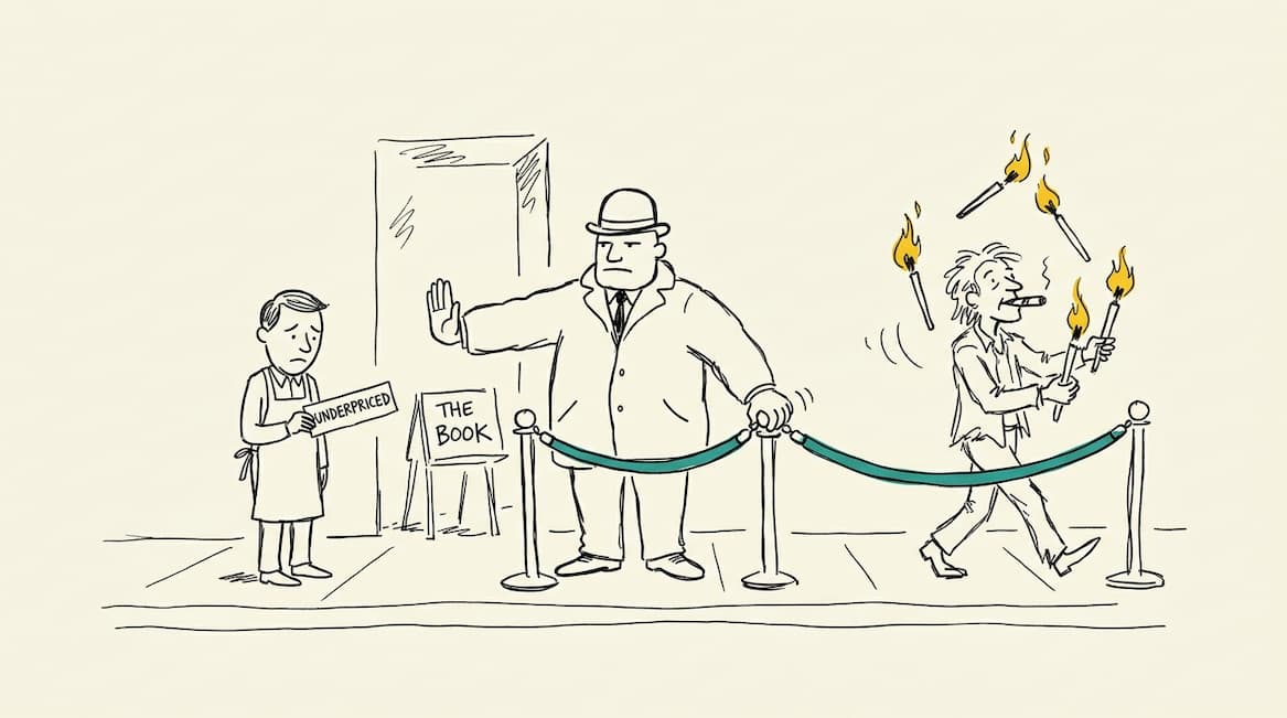 A bouncer waves a torch juggler past the teal velvet rope while turning away the tidy underpriced shop