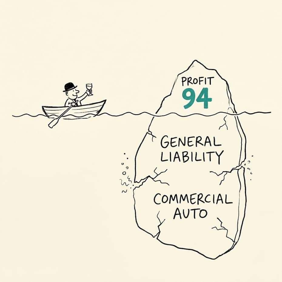 An iceberg with PROFIT 94 above the waterline and general liability and commercial auto below it