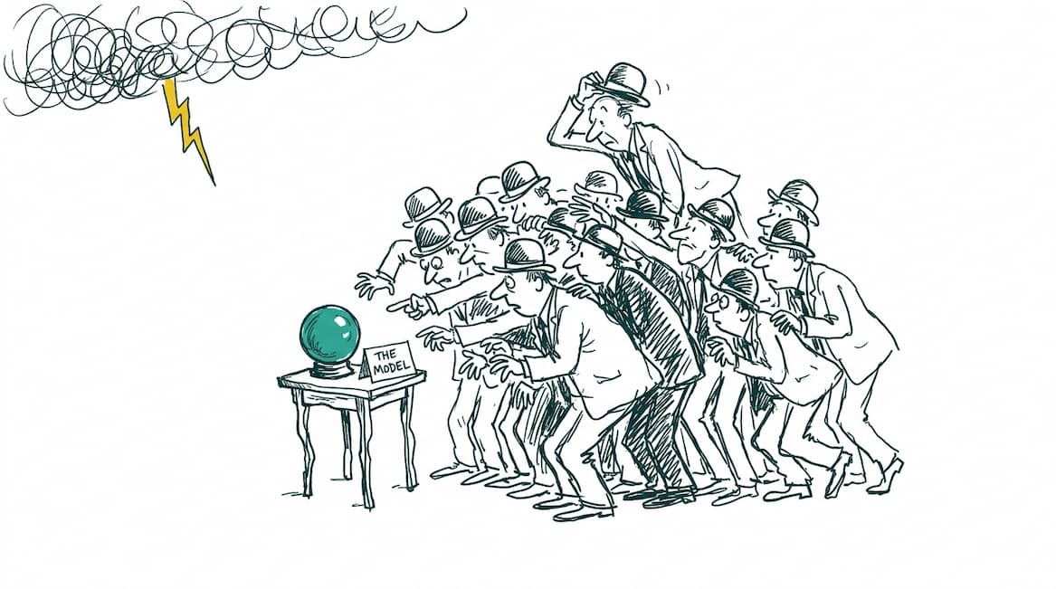 Hand-drawn cartoon: a crowd of bowler-hatted insurers all crowd and reach toward one crystal ball marked THE MODEL, while a scribbled storm and a lightning bolt sneak in behind them.
