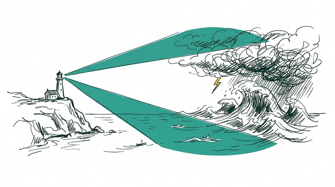 A lighthouse sweeps a wide teal beam across a calm sea, but one wedge of the beam is left dark; in that dark wedge a huge storm and wave are rising, unseen.