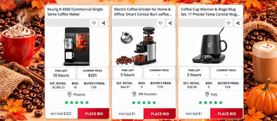 Coffee makers and coffee gear available at Nellis Auction.