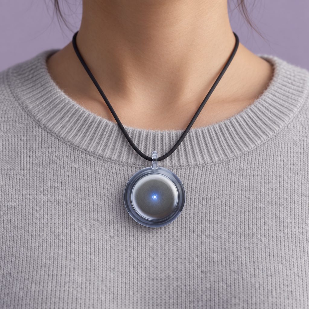 Omi worn on its cord at chest height