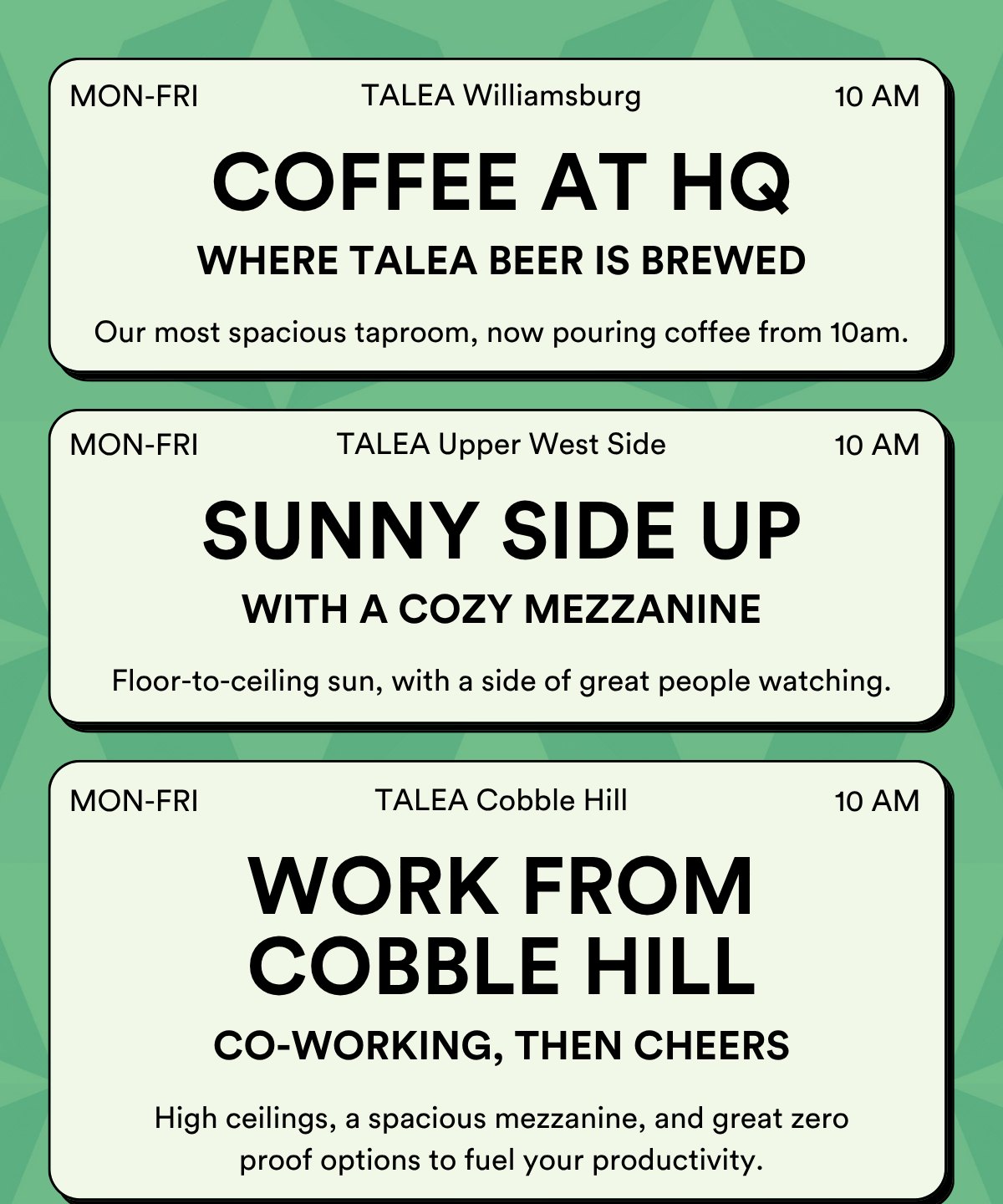 Coffee at HQ, Sunny side up, Work from Cobble Hill