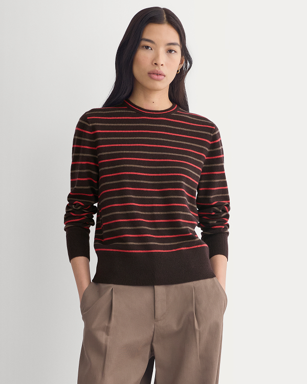 Image | Model in Cashmere Slim Crew Sweater | Coffee Bean/Stripe