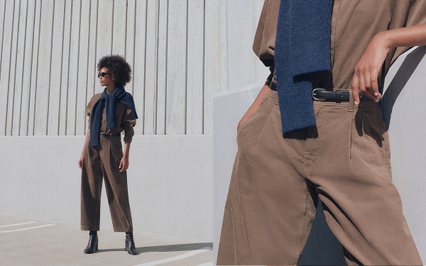 Image | Model wearing Everywhere Pinwale Corduroy Pant in Deep Taupe