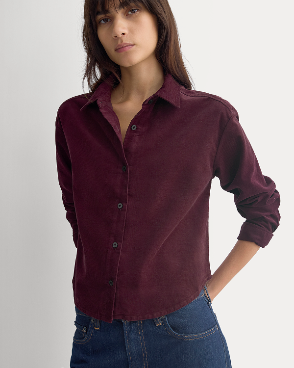 Image | Model wearing Cropped Shirt in Pinwale Corduroy in Deep Plum 