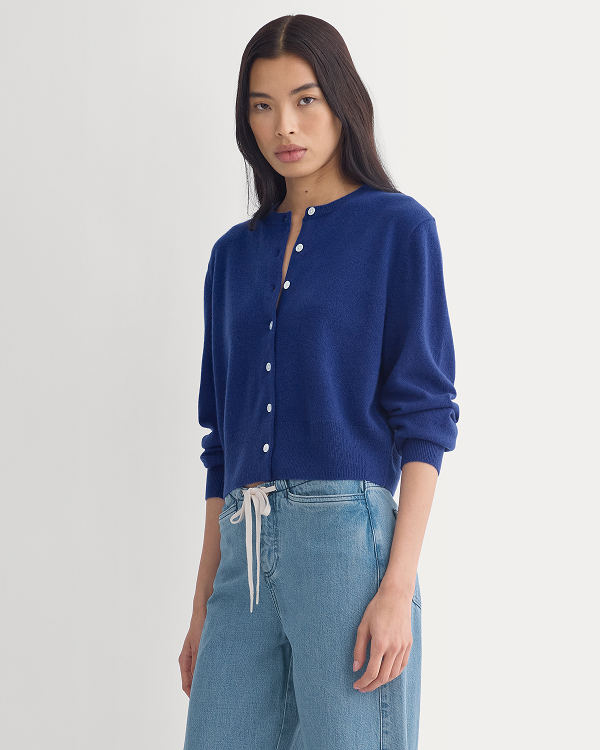 Image | Model wearing Cashmere Cropped Cardigan in Klein Blue