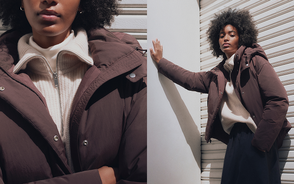 Image | Model wearing EverPuff™ Cloud Short Puffer in Coffee Bean
