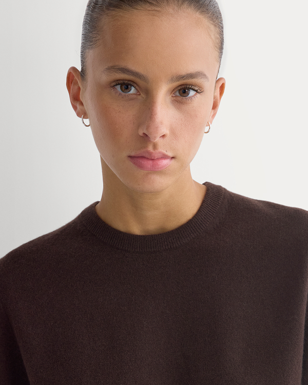 Image | Model in Cashmere Slim Crew Sweater | Coffee Bean 
