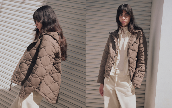 Image | Model wearing Re:Cycled Nylon Hooded Liner in Deep Taupe