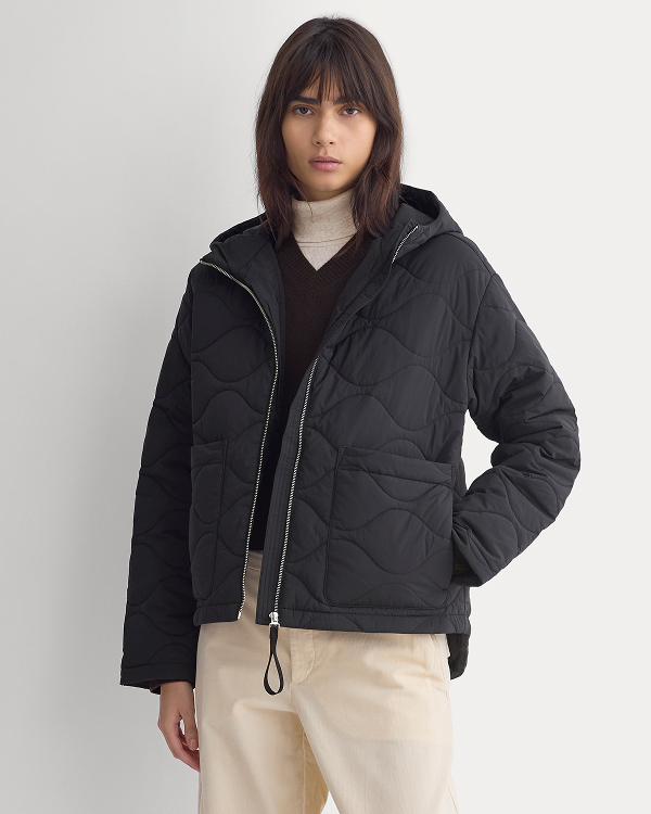 Image | Model wearing Re:Cycled Nylon Hooded Liner in Black