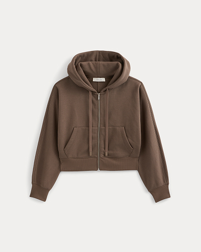 Image | Luxe Fleece Full-Zip Cropped Hoodie in Deep Taupe