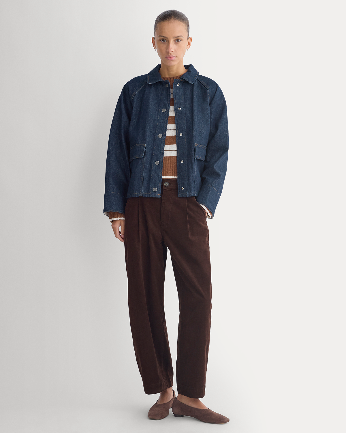 Image | Model wearing Everywhere Pinwale Corduroy Pant in Coffee Bean