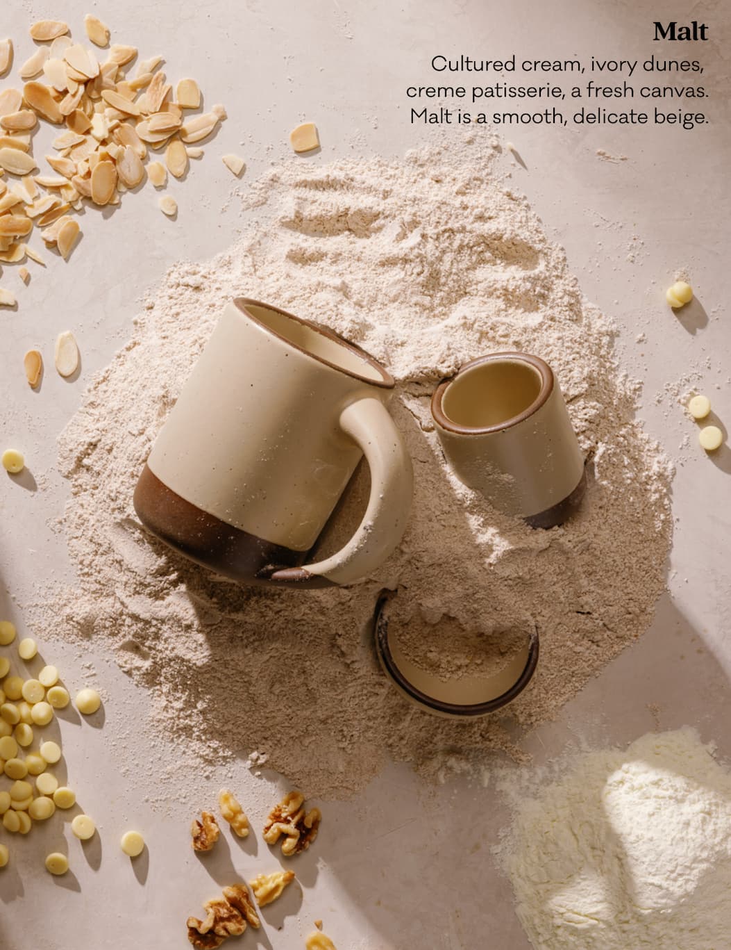 Malt Cultured cream, ivory dunes,&nbsp; creme patisserie, a fresh canvas. Malt is a smooth, delicate beige.
