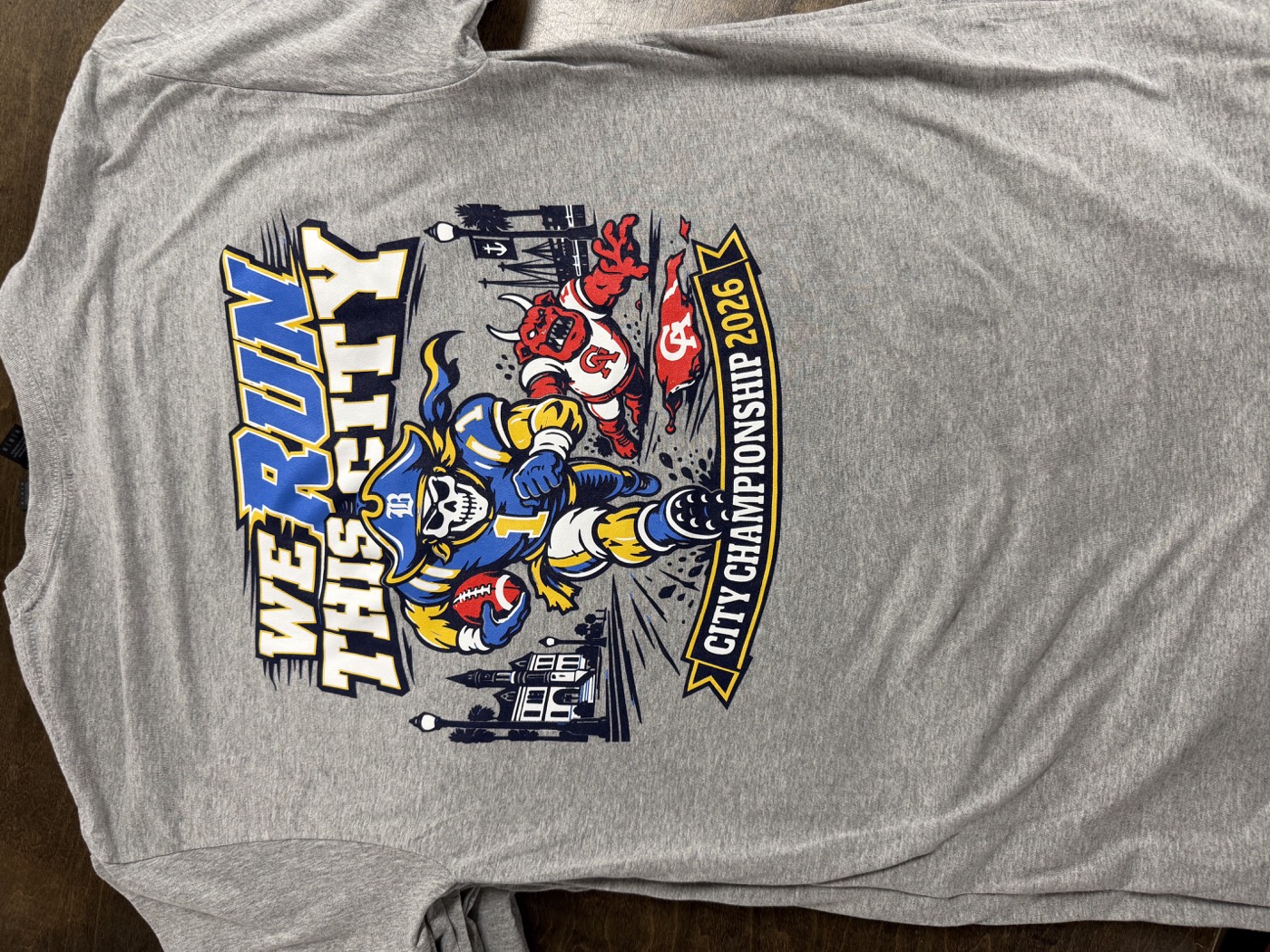 Finished custom We Run This City football championship shirt