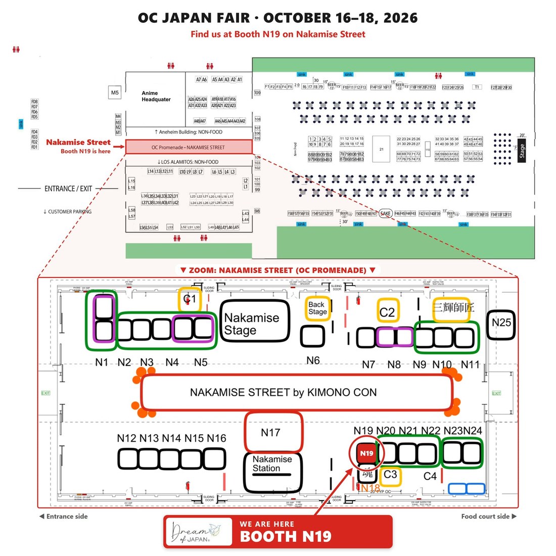 OC Japan Fair October 16 to 18, 2026 floor plan with our booth N19 on Nakamise Street marked in red