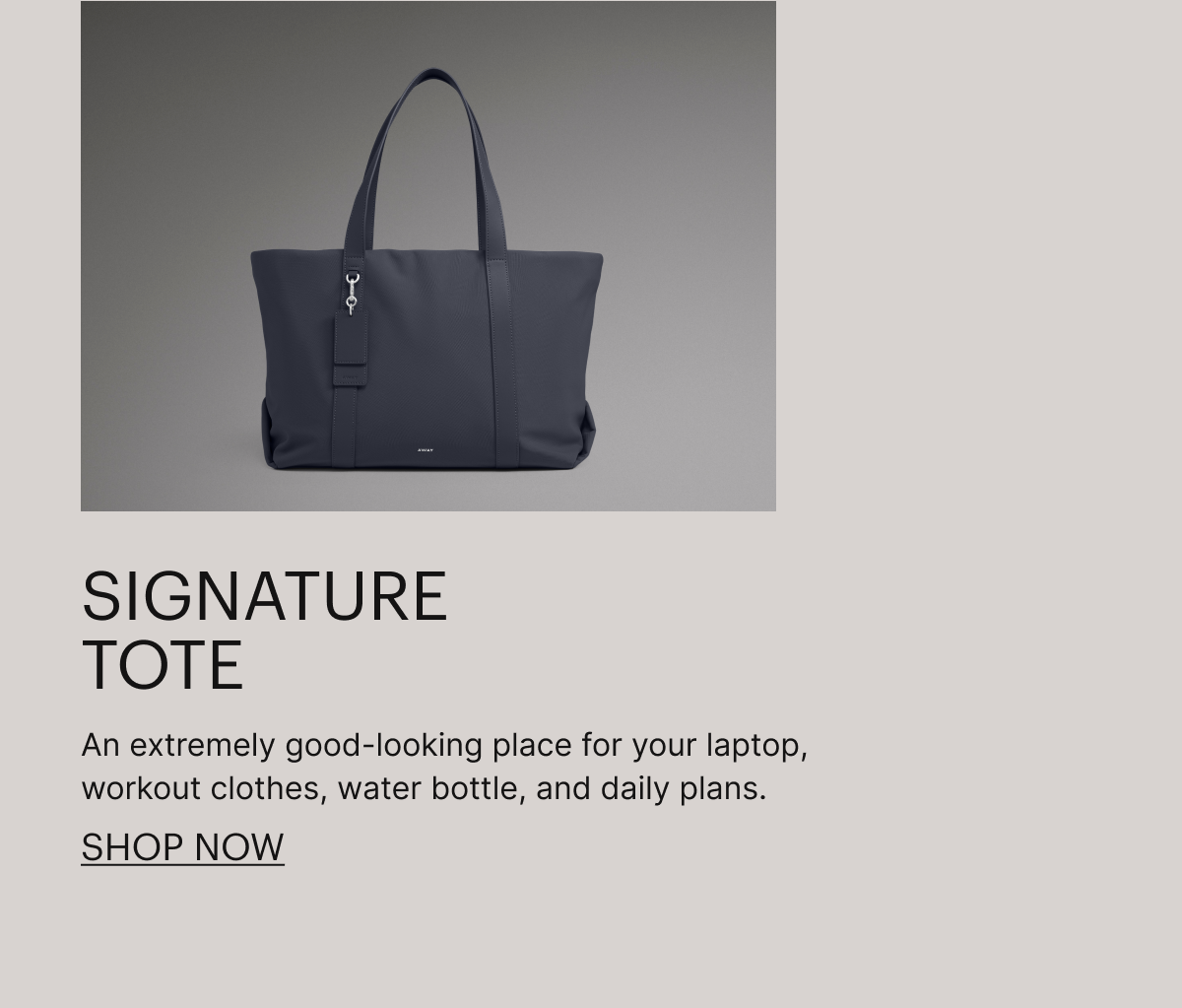 Signature Tote | An extremely good-looking place for your laptop, workout clothes, water bottle, and daily plans.