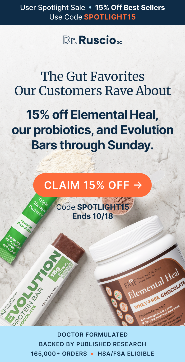 15% off Elemental Heal, our probiotics, and Evolution Bars through Sunday.