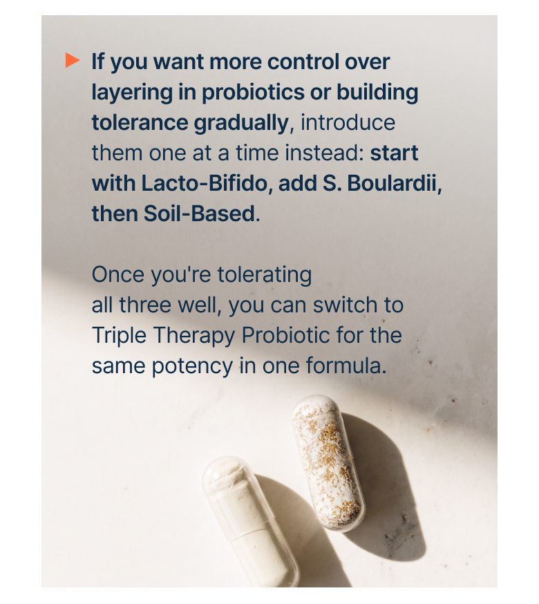 If you want more control over layering in probiotics or building tolerance gradually, introduce them one at a time instead: start with Lacto-Bifido, add S. Boulardii, then Soil-Based.