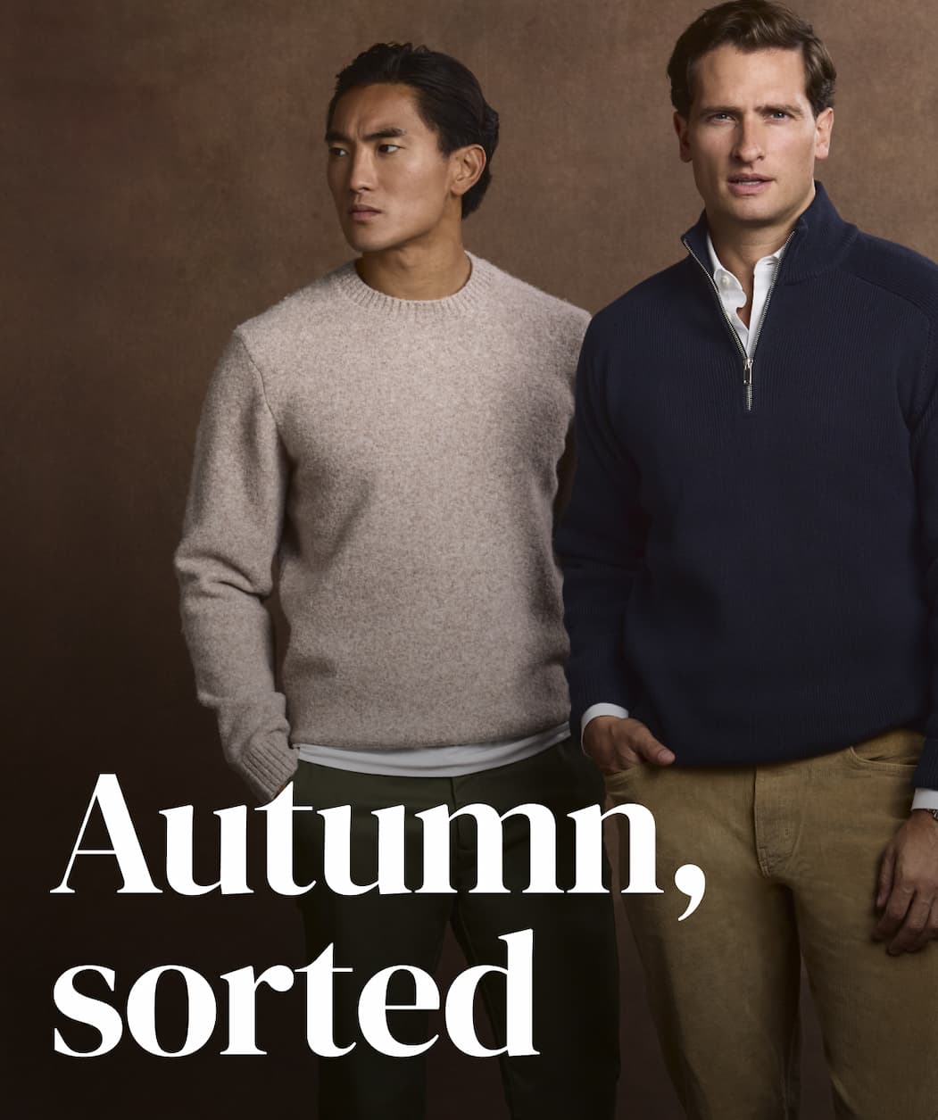 man in oatmeal jumper, man in navy qtr zip