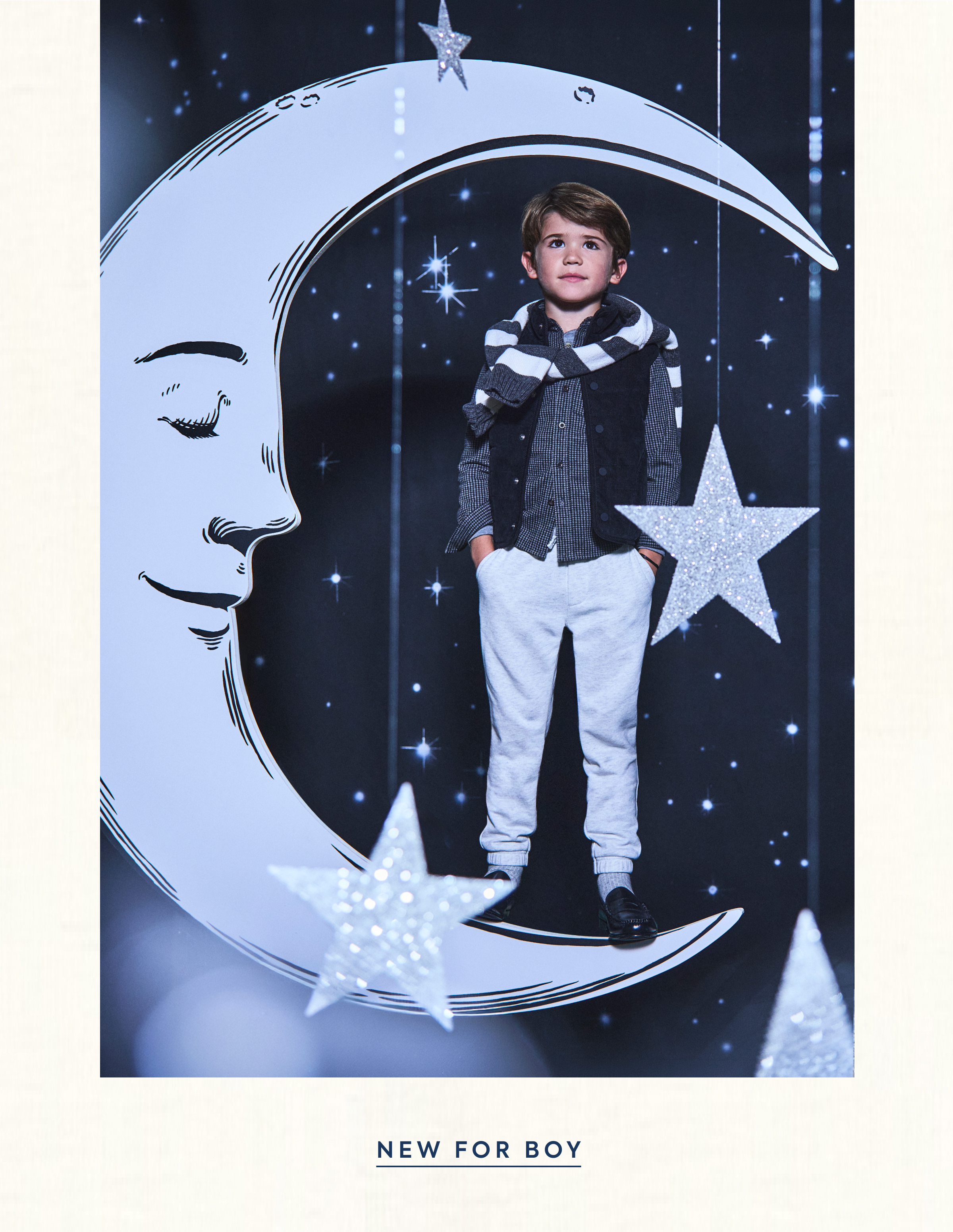 Boy standing on crescent moon prop with glittering stars - NEW FOR BOY