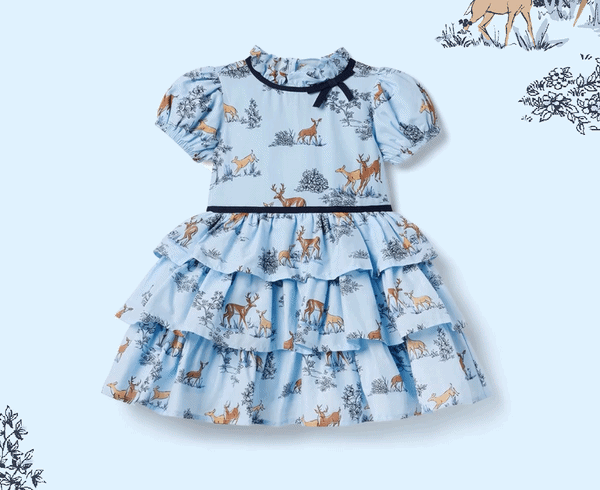 Light blue toile children's dress with deer print and tiered ruffle skirt
