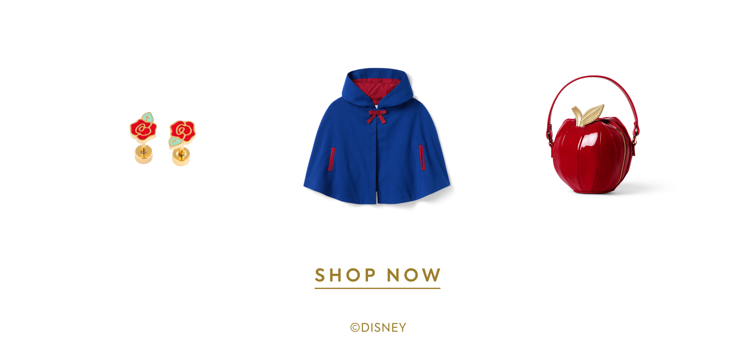 Rose earrings, blue hooded cape, and red apple-shaped handbag - SHOP NOW