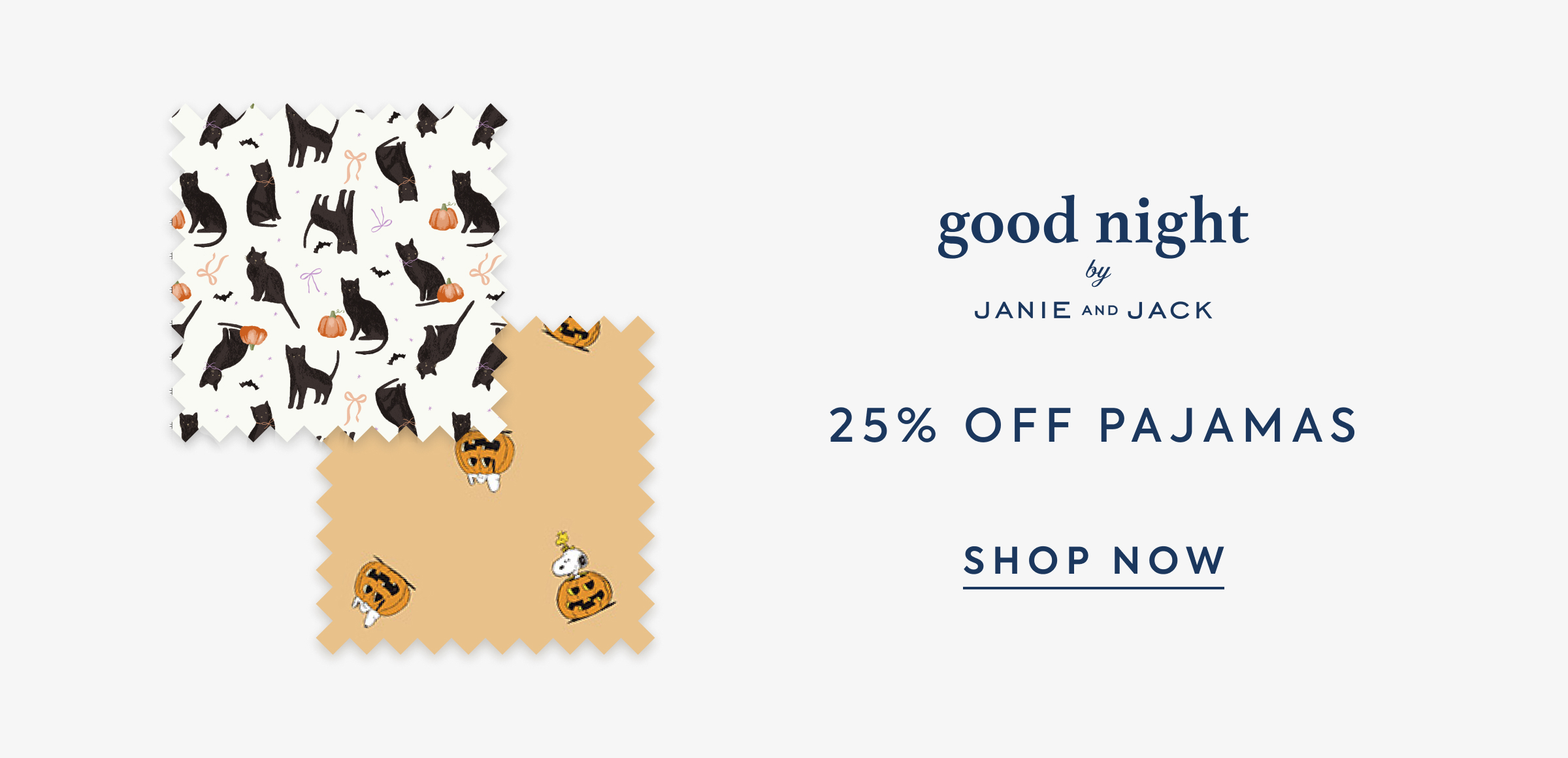 Halloween fabric swatches with black cats and Snoopy pumpkin prints - good night by JANIE AND JACK - 25% OFF PAJAMAS - SHOP NOW