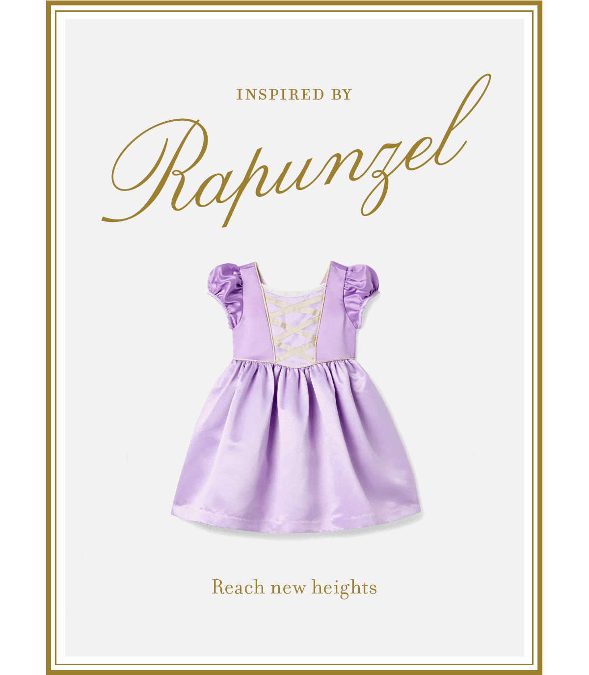 Rapunzel-inspired purple satin girls dress with puff sleeves and gold lace-up detail - Inspired by Rapunzel - Reach new heights