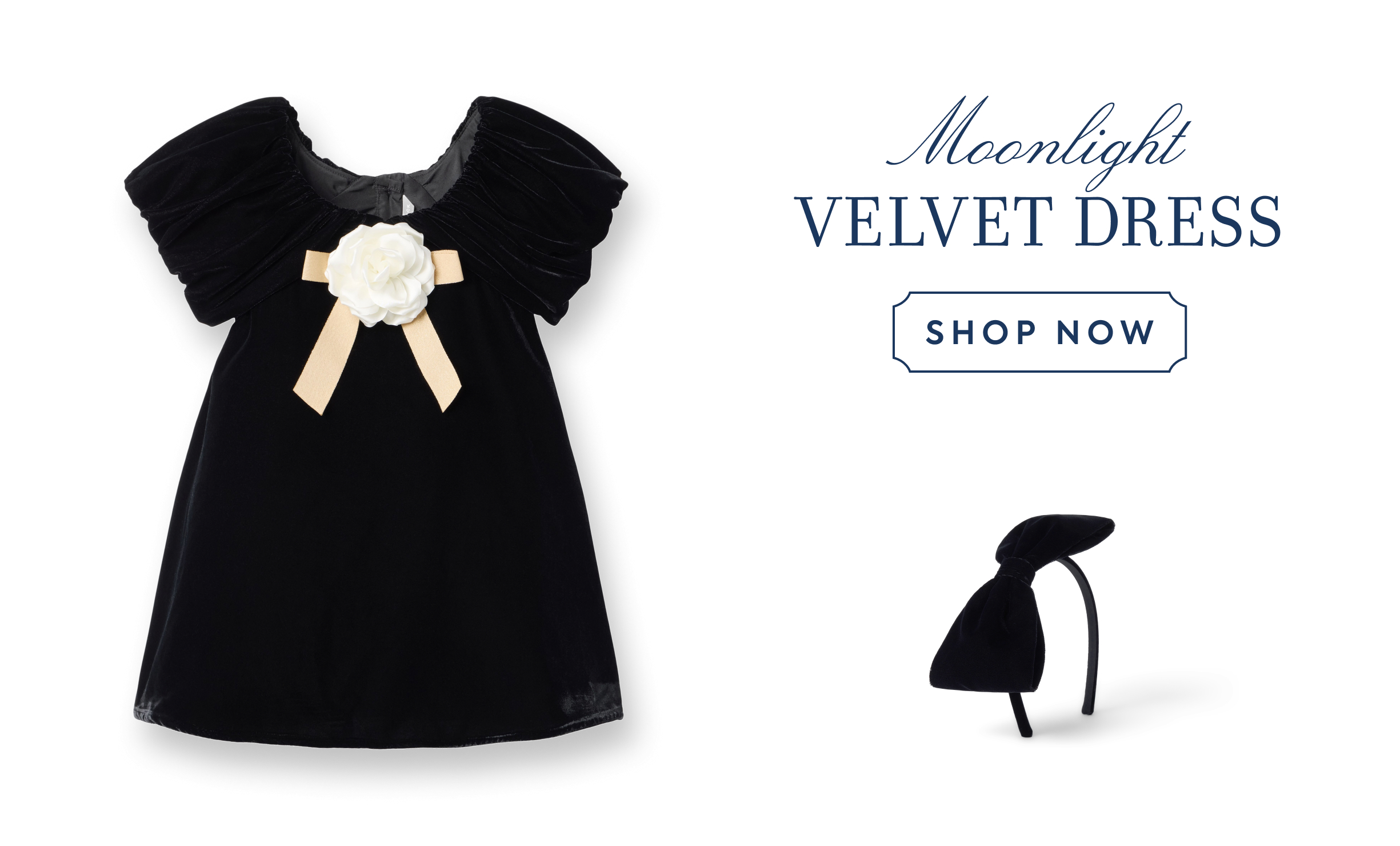 Black velvet children's dress with bow and flower detail, matching velvet bow headband - Moonlight VELVET DRESS - SHOP NOW