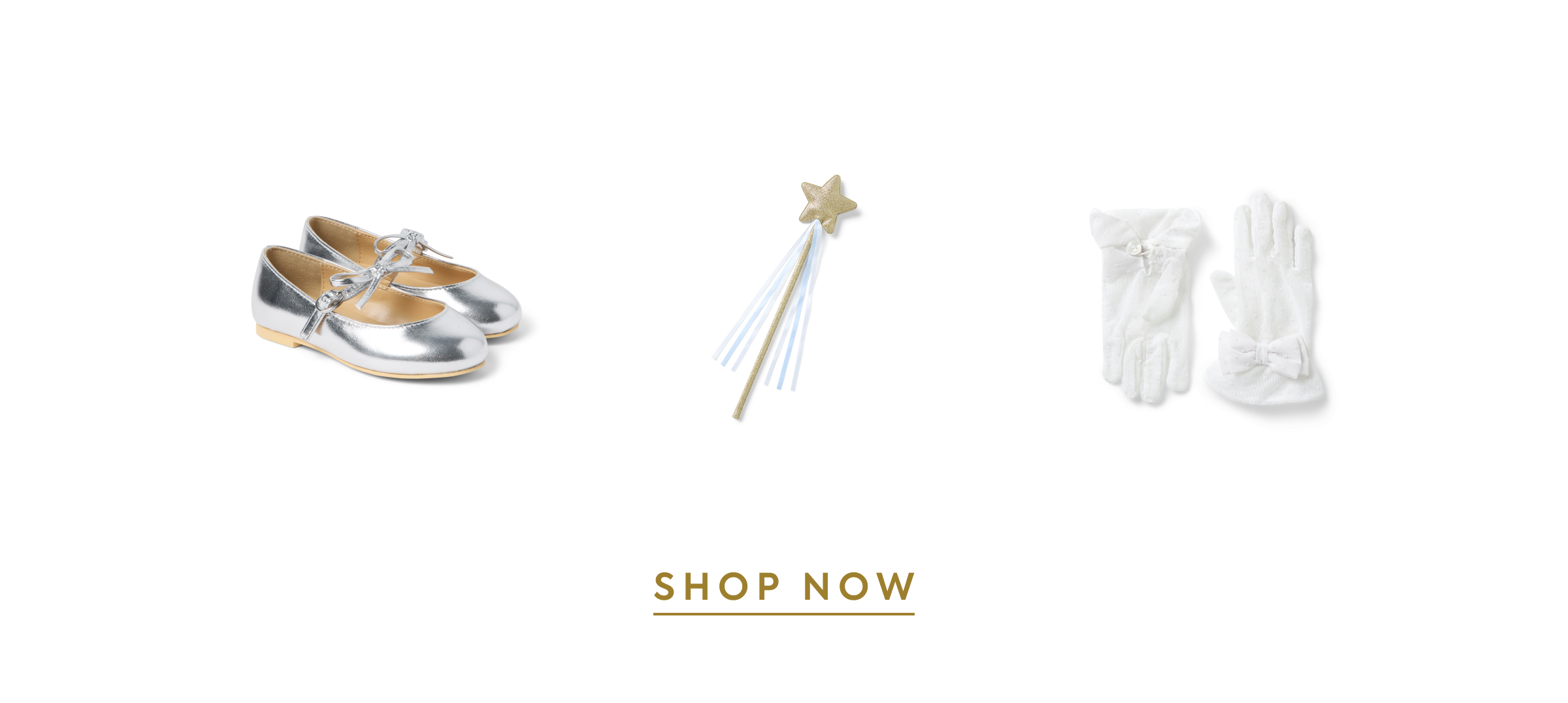 Silver metallic Mary Jane flats, gold star wand with blue ribbons, and white bow gloves - SHOP NOW