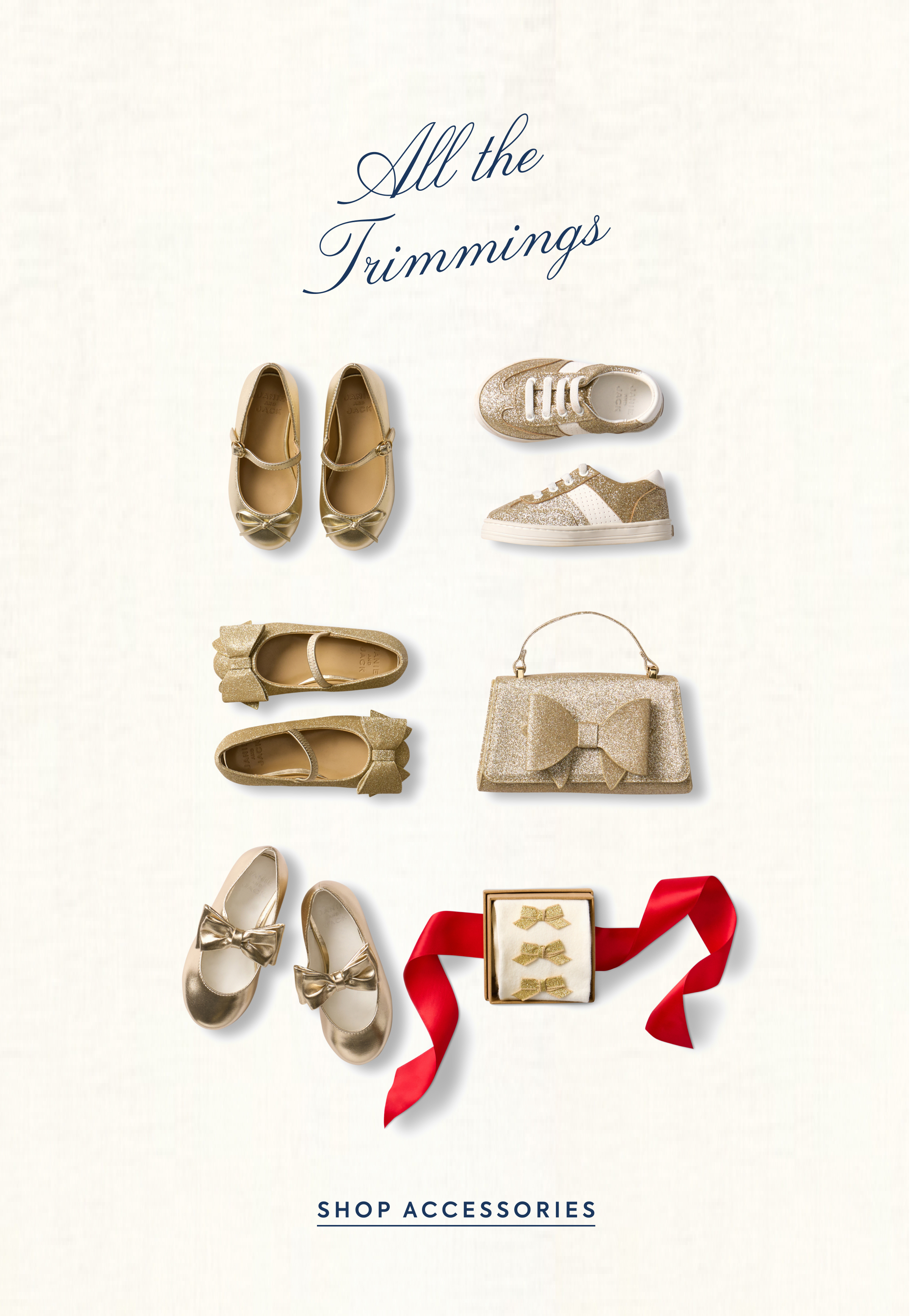 Gold glittery children's shoes, sneakers, handbag, and hair accessories flat lay - All the Trimmings - SHOP ACCESSORIES