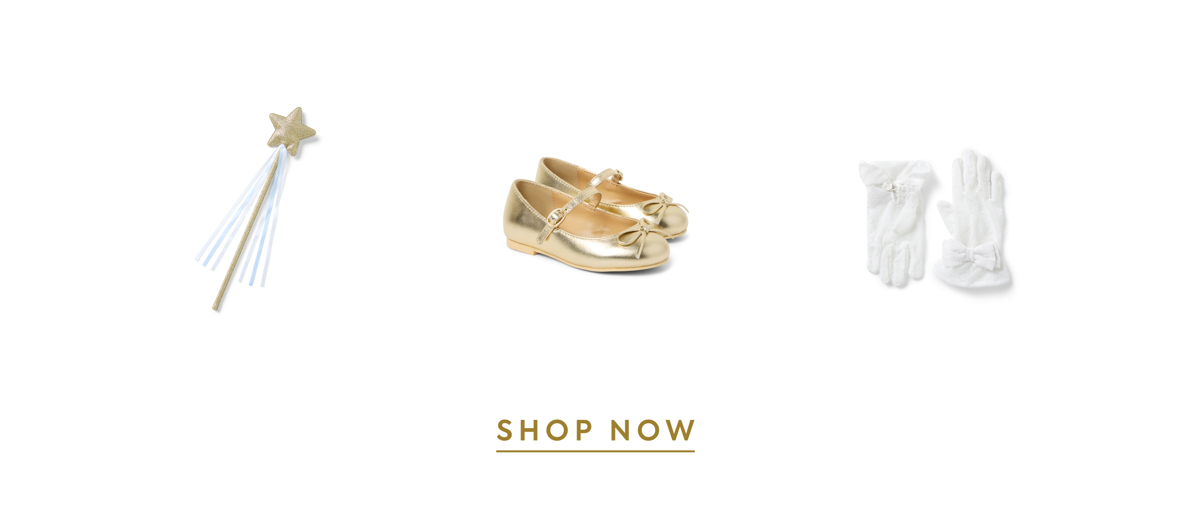 Gold star wand, gold bow ballet flats, and white lace gloves - SHOP NOW