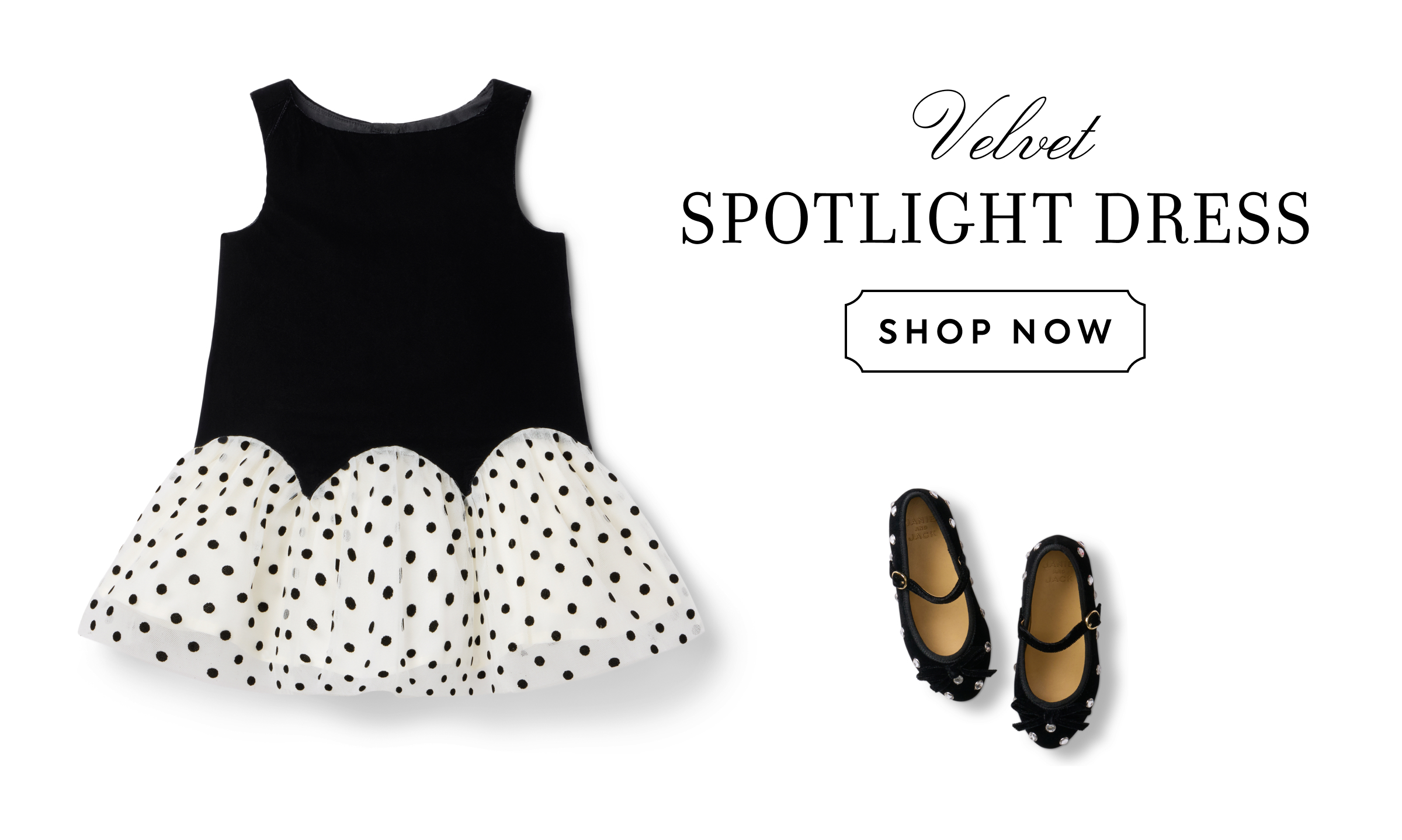 Black velvet and polka dot drop-waist dress with matching Mary Jane shoes - Velvet SPOTLIGHT DRESS - SHOP NOW