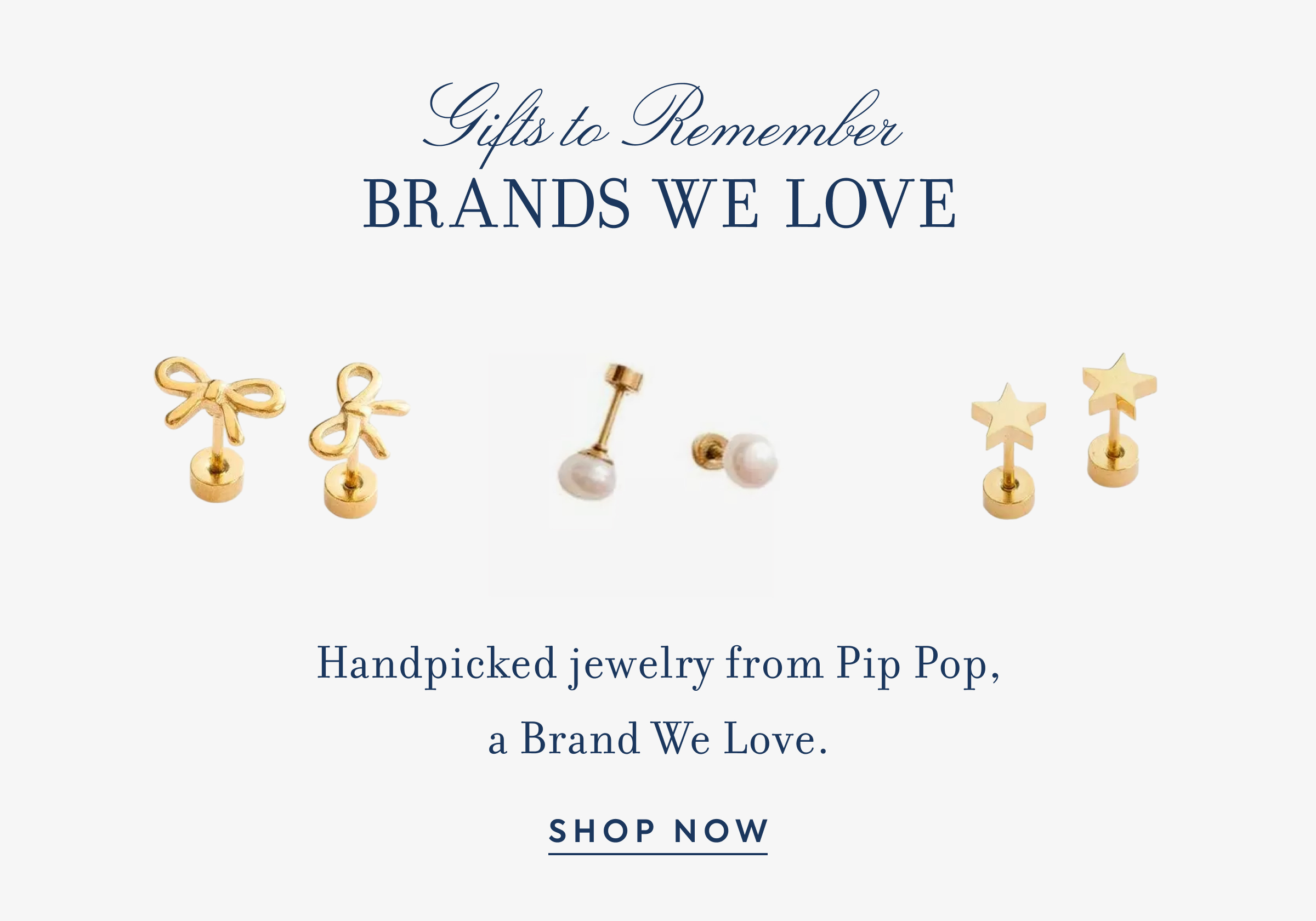 Gold bow, pearl, and star stud earrings from Pip Pop - Gifts to Remember - BRANDS WE LOVE - Handpicked jewelry from Pip Pop, a Brand We Love. - SHOP NOW