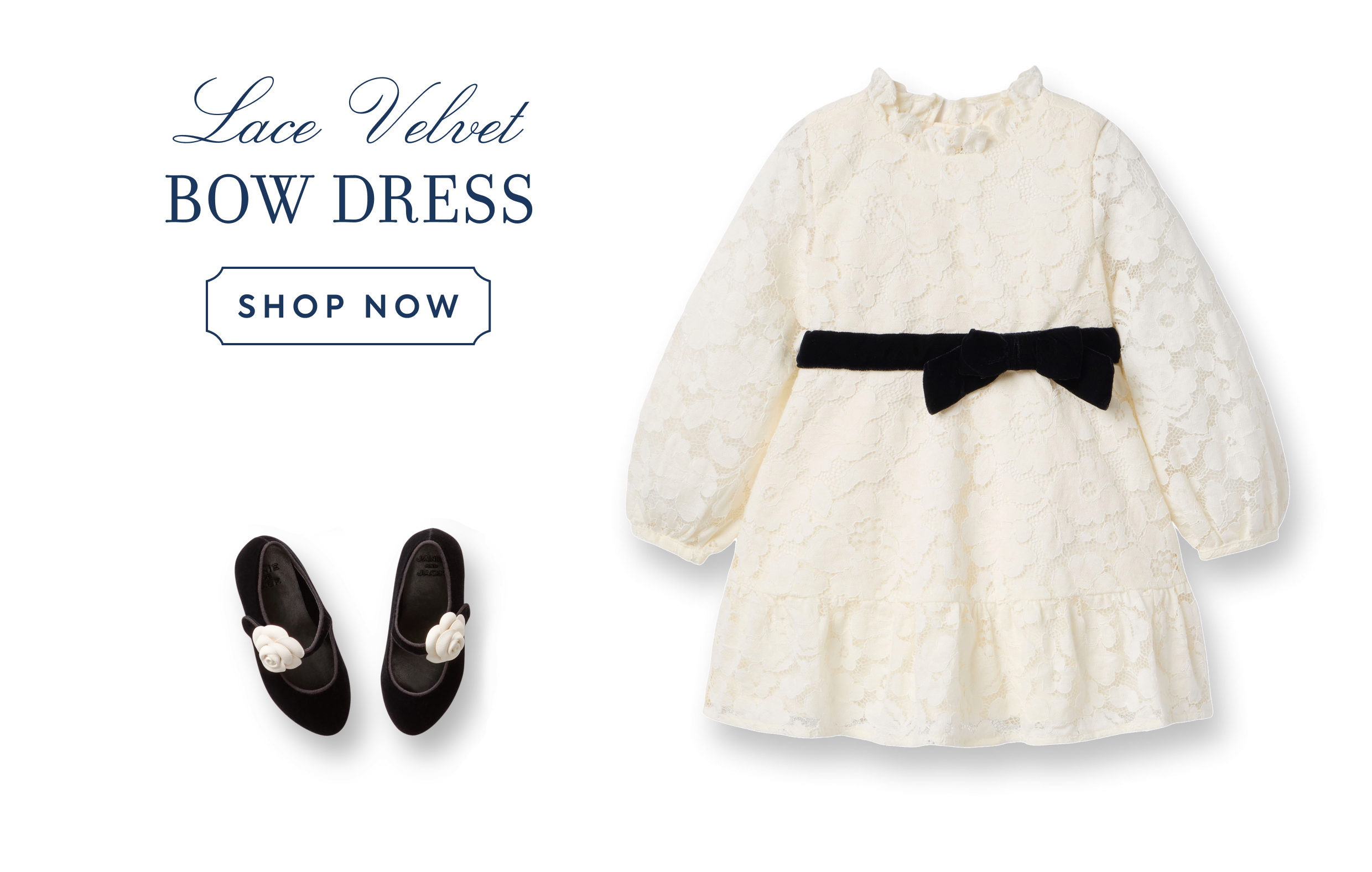 Cream lace dress with black velvet bow belt and black Mary Jane shoes - Lace Velvet BOW DRESS - SHOP NOW