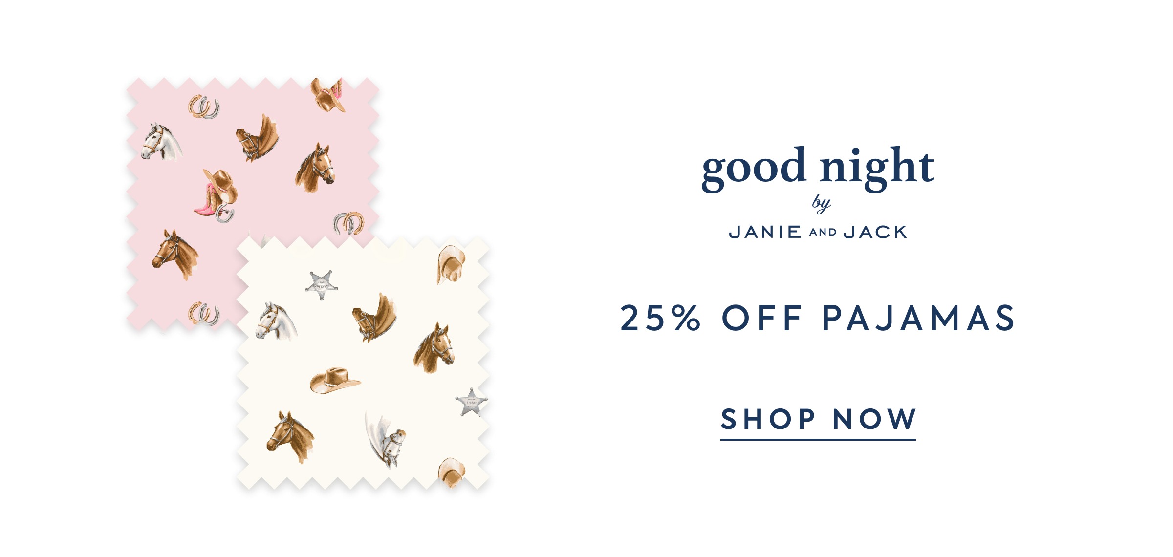 Pink and cream western-themed fabric swatches with horses and cowboy motifs - good night by JANIE AND JACK - 25% OFF PAJAMAS - SHOP NOW