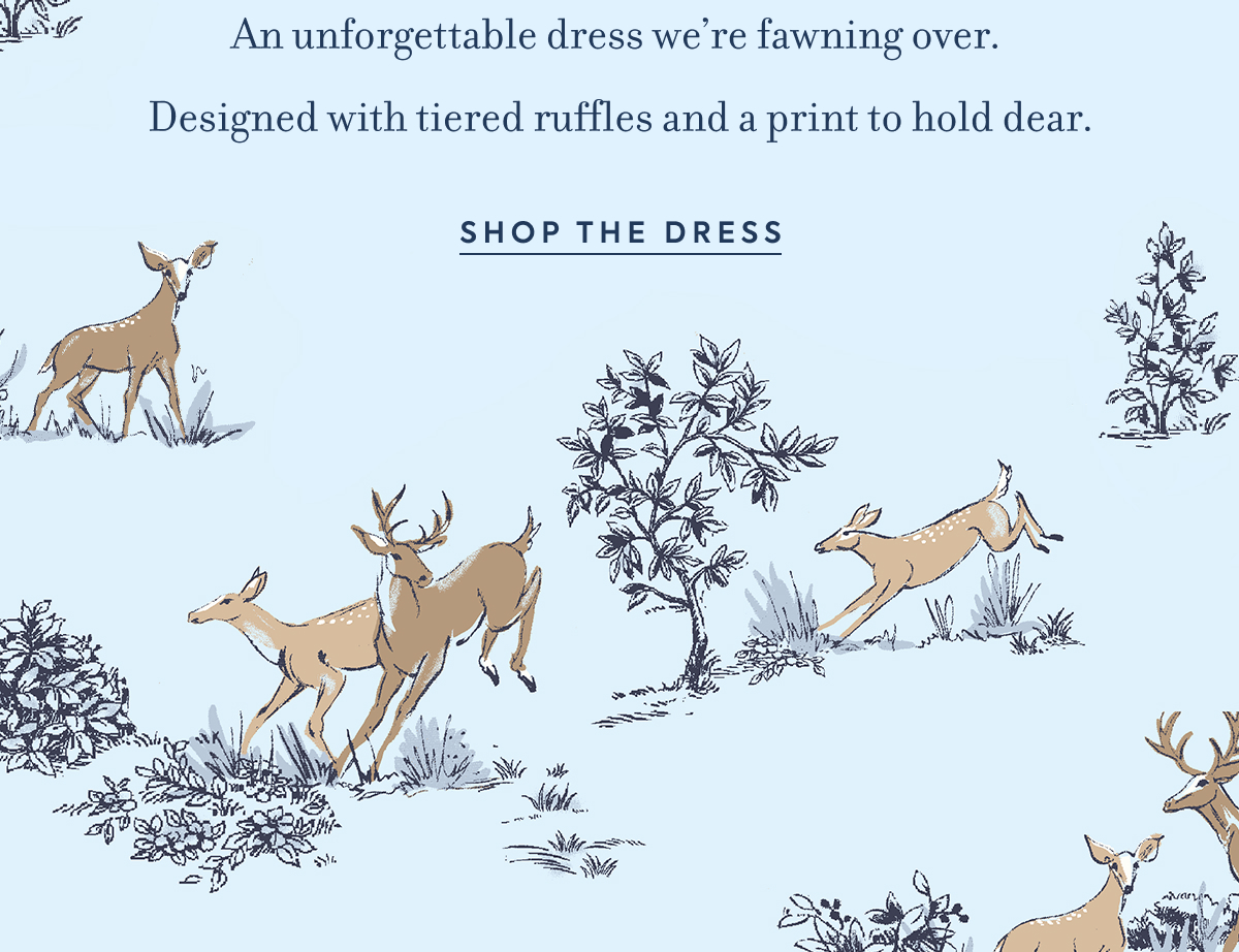 Deer toile print pattern - An unforgettable dress we're fawning over. - Designed with tiered ruffles and a print to hold dear. - SHOP THE DRESS