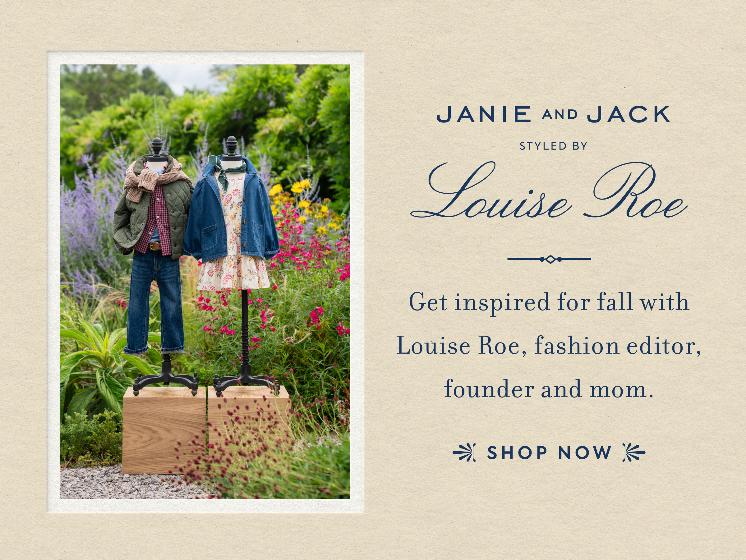 Two children's mannequins styled in fall outfits displayed in a garden - Janie and Jack Styled by Louise Roe - Get inspired for fall with Louise Roe, fashion editor, founder and mom. - Shop Now