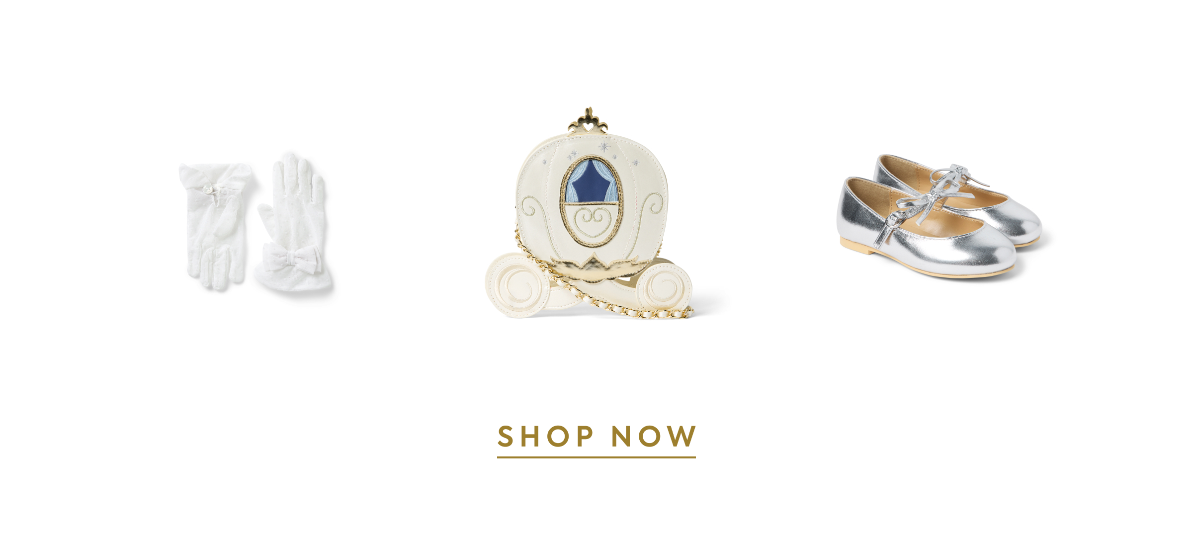 White bow gloves, Cinderella carriage purse, and silver Mary Jane shoes - SHOP NOW