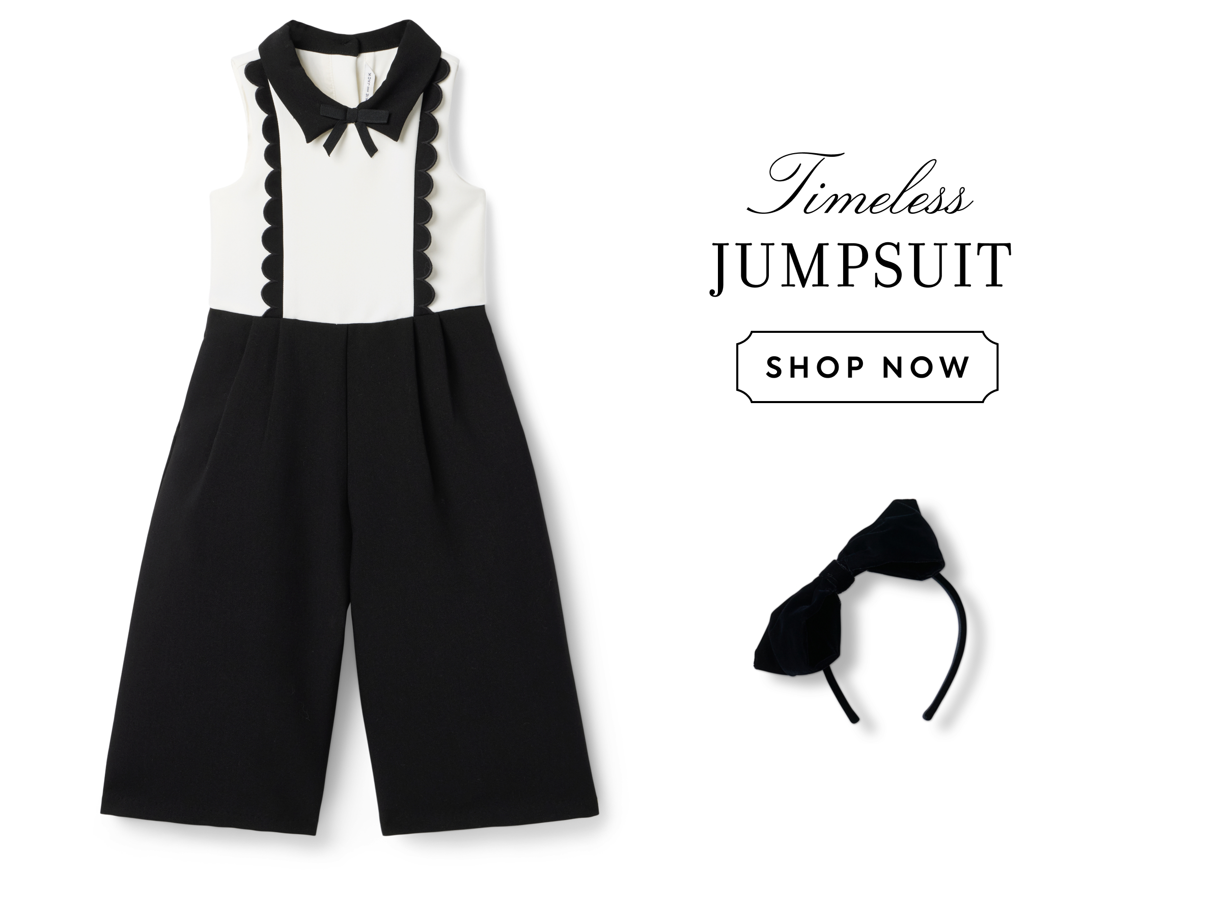Black and white scallop-trim jumpsuit with bow headband accessory - Timeless JUMPSUIT - SHOP NOW