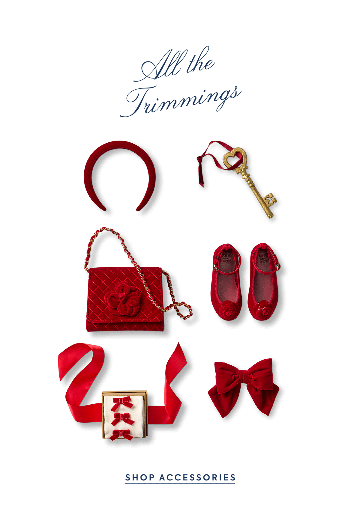 Red holiday accessories flatlay including headband, quilted bag, ballet flats, hair bows, and ribbon - All the Trimmings - Shop Accessories