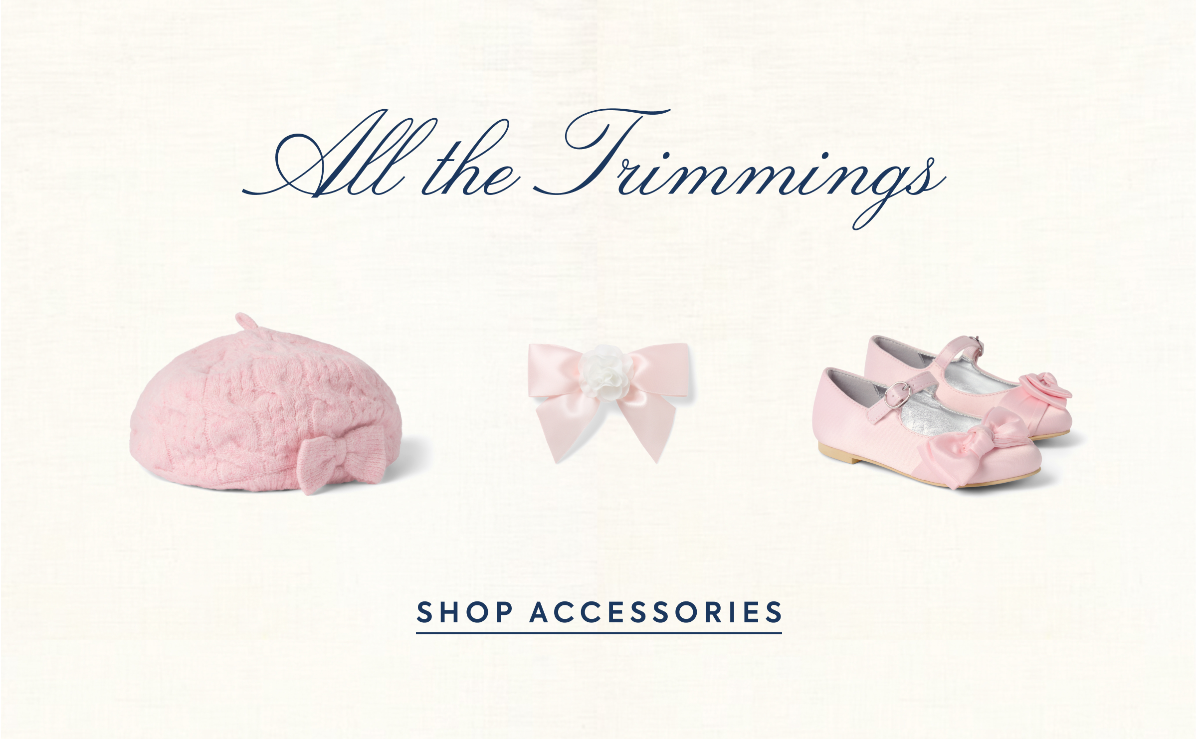 Pink knit beret with bow, satin hair bow, and pink Mary Jane shoes with bow - All the Trimmings - Shop Accessories